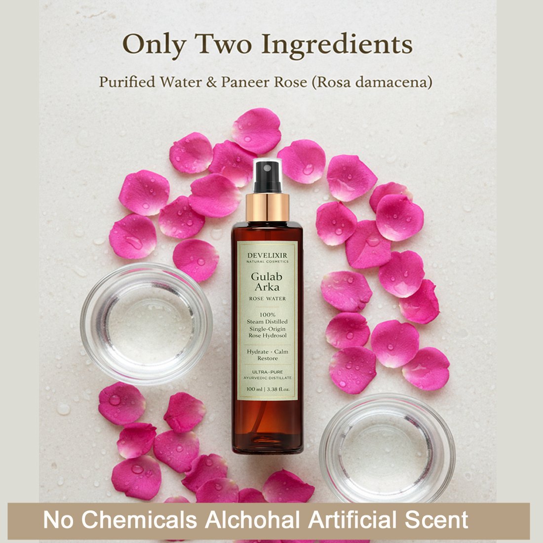 skin hydrate rose water wtih rose petals and pure water