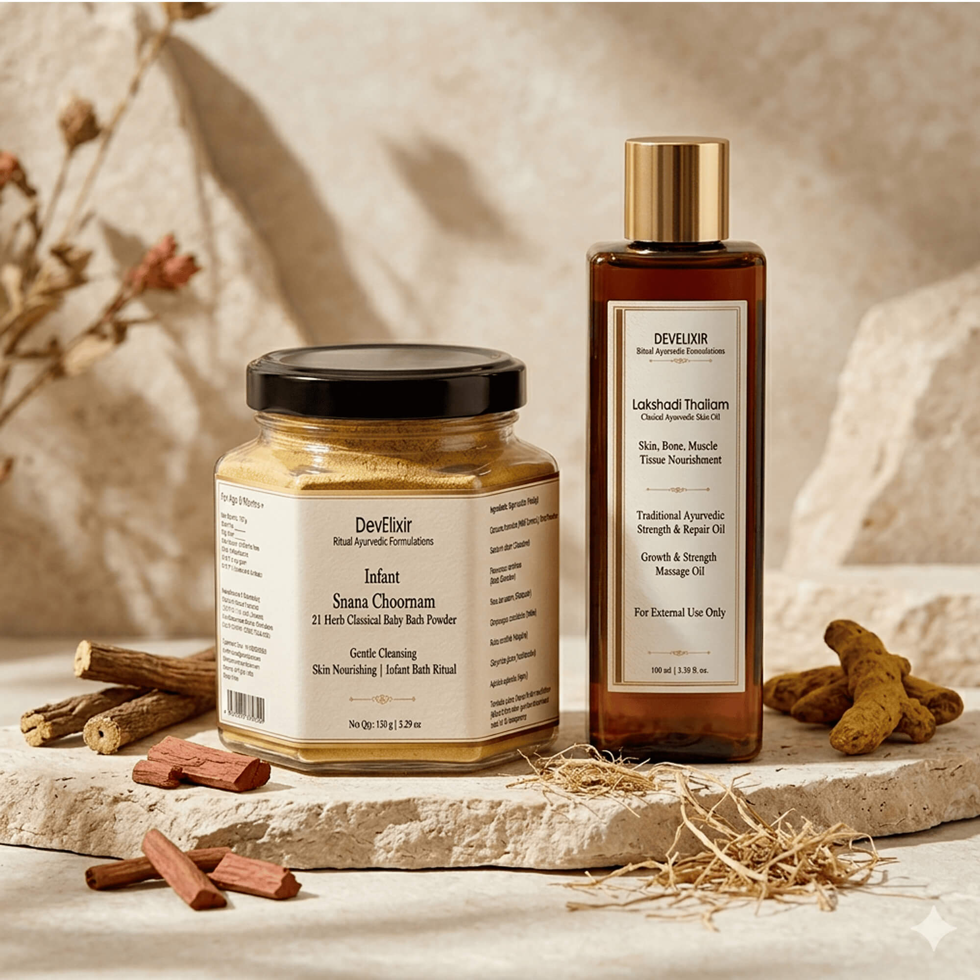 Ayurvedic Baby Skincare Ritual – 21 Herbal Infant Snana Choornam Bath Powder & Lakshadi Thailam Massage Oil