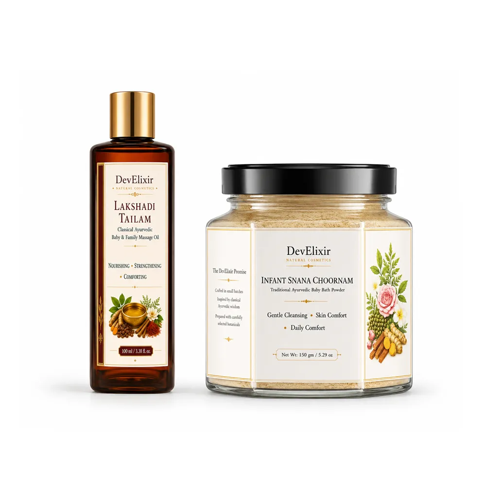 Ayurvedic Baby Skincare Ritual – 21 Herbal Infant Snana Choornam Bath Powder & Lakshadi Thailam Massage Oil