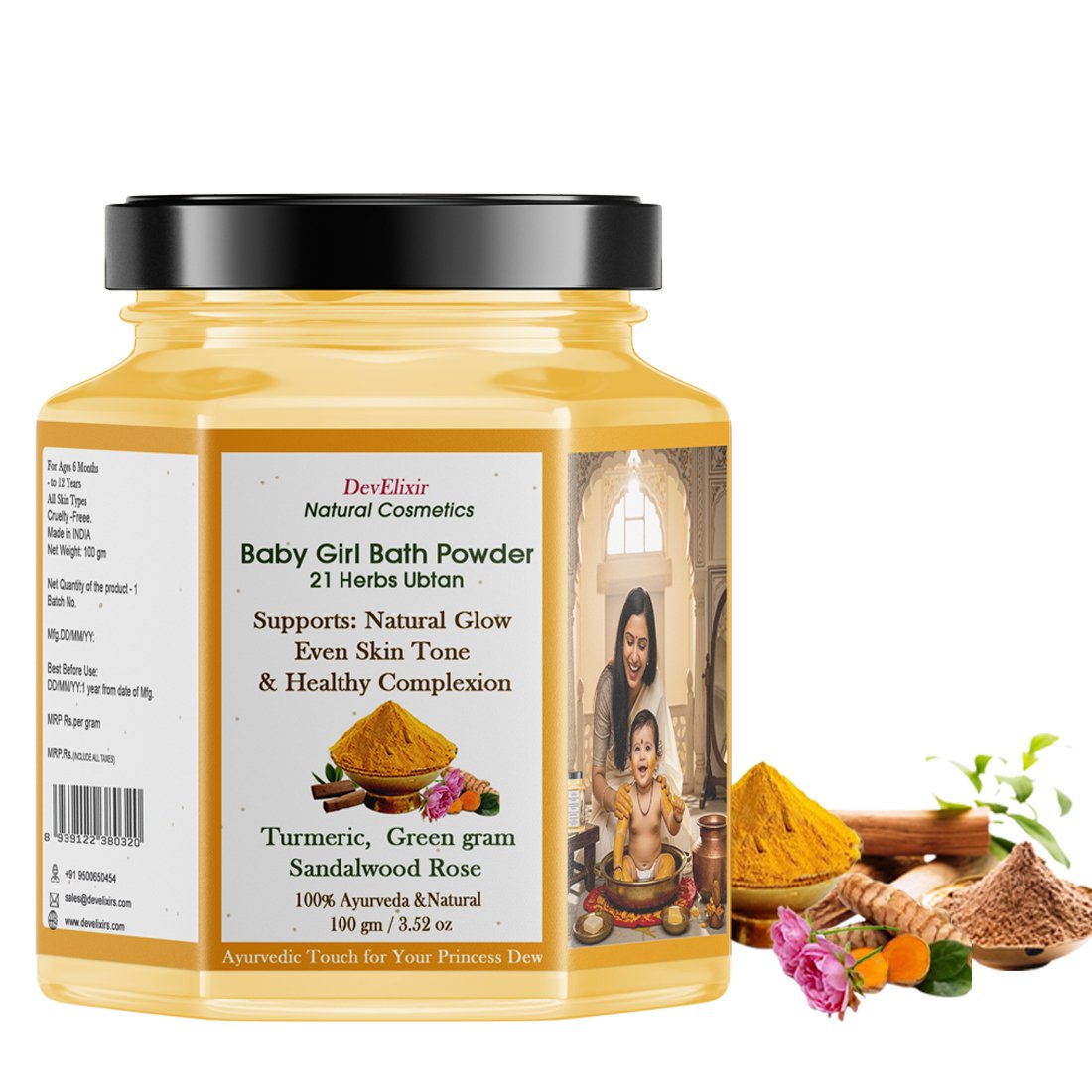 Baby girl bath powder Natural Glow & Even Skin Tone | Removes Impurities | Green grams, Turmeric, Rose sandalwood & Herbs